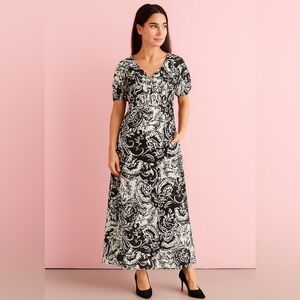 Ellen Tracy Women Black Batik Floral Maxi Dress Puff Sleeve Stretch Waist Small